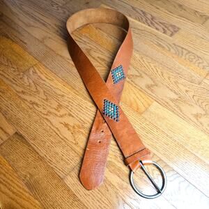 Southwestern Womens Brown Leather Blue Studded Wide Round Buckle Belt Sz 2XL
